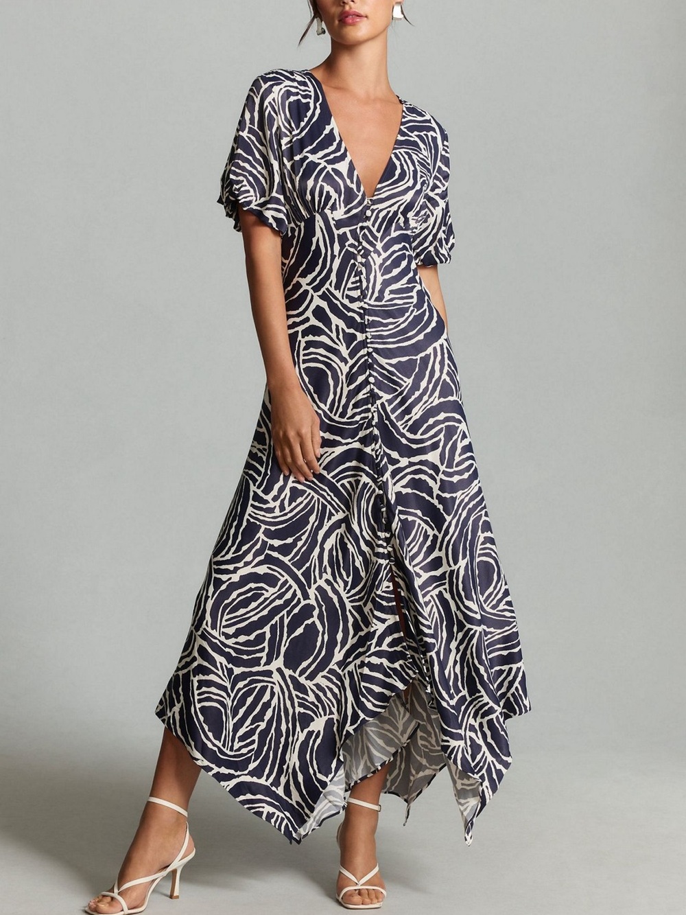 Anthropologie Navy and White V-Neck Printed Handkerchief Hem Dress M